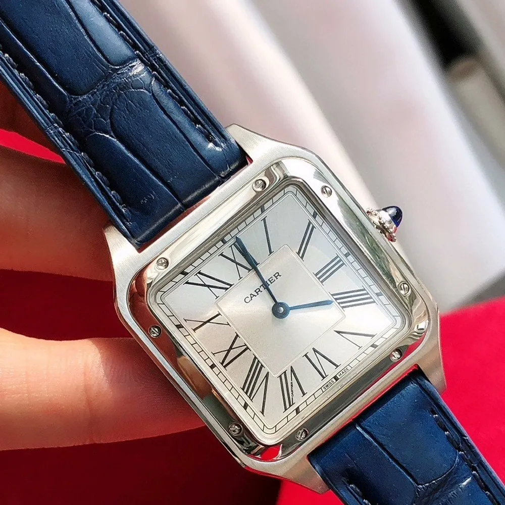 120-degree angle view of Super Clone Cartier Santos Dumont Extra Large WSSA0032 Watch, showcasing the stainless steel case and silver dial