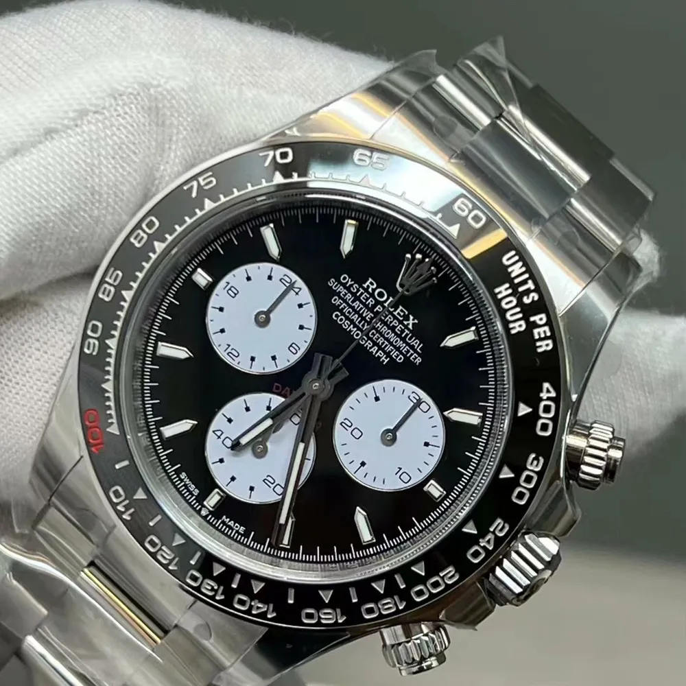 45-Degree Angle Front Display of Daytona Le Mans Rolex 126529LN Super Clone Watch with Black Dial, Ceramic Bezel, and White Gold Case