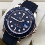 45-degree angle view of the Super Clone Rolex Yacht-Master Rose Gold watch showcasing the black dial and bezel details