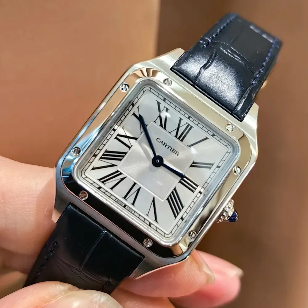 Close-up of the silver dial on Super Clone Cartier Santos Dumont Extra Large WSSA0032 Watch