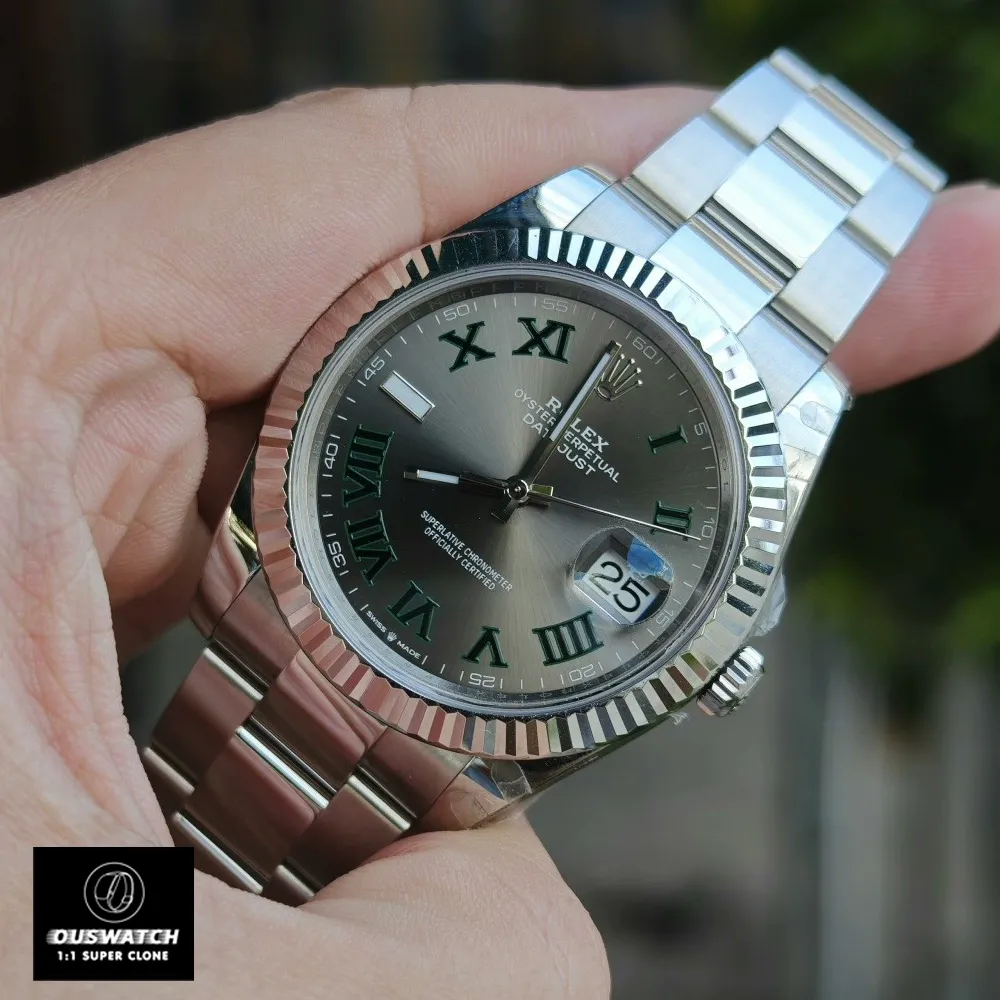 45-degree front view of the Super Clone Rolex Datejust Wimbledon watch