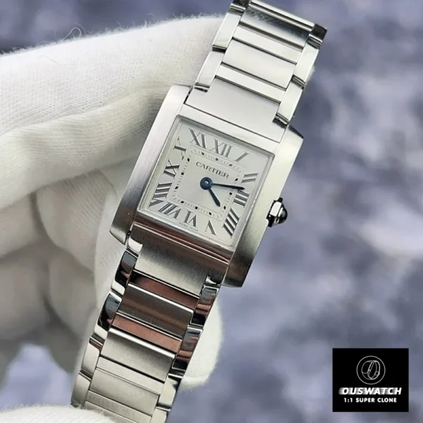 75-degree angle display of the Super Clone Cartier Tank Francaise Watch DUPE, featuring the stainless steel bracelet, case, and silver dial