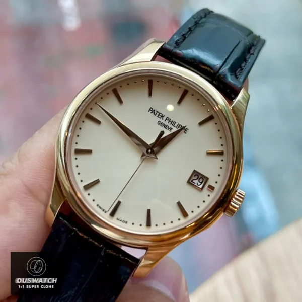 75-degree front view of the Super Clone Patek Philippe Calatrava Rose Gold 5227R