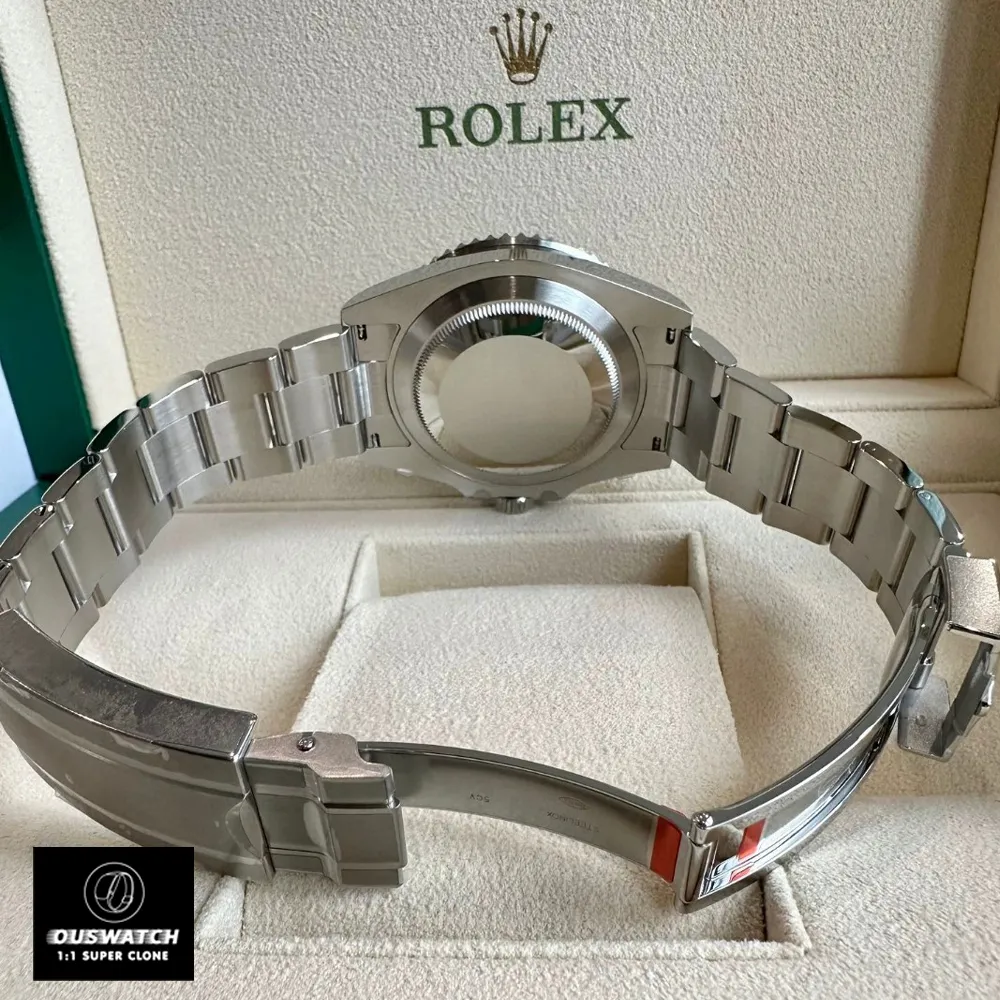 Back view of the Super Clone Rolex Kermit 126610LV watch, including the 904L stainless steel bracelet