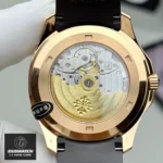 Back view and close-up of the Swiss movement of the Super Clone Patek 5167R Aquanaut Rose Gold watch