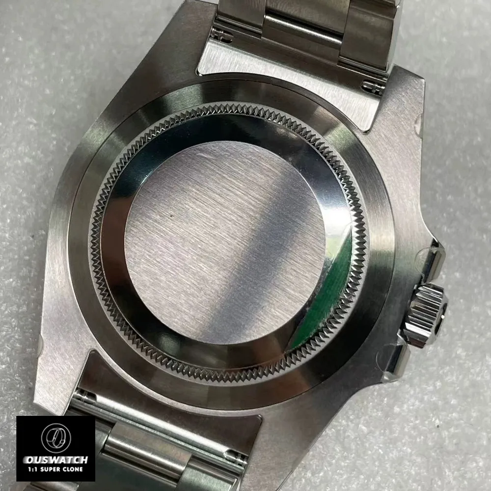 Close-up of the stainless steel case back on the Super Clone Rolex Submariner No Date 114060 watch.