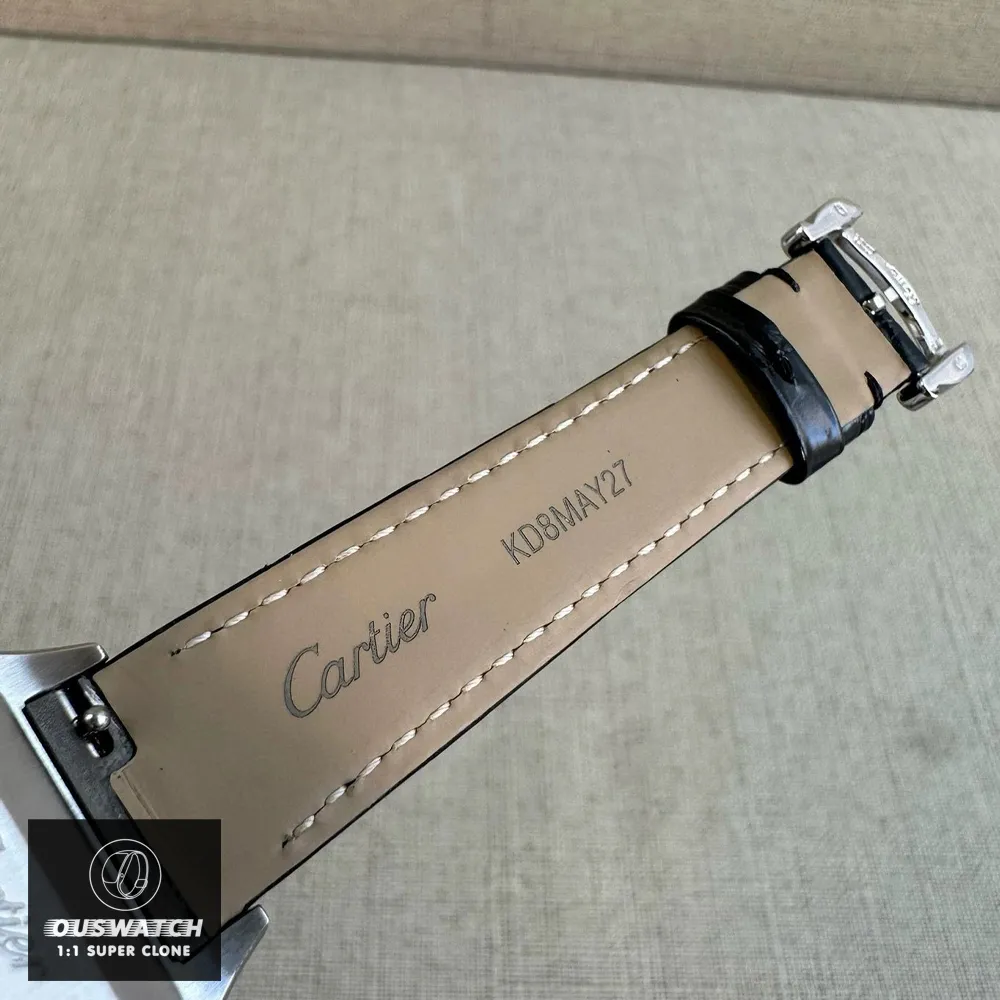 Super Clone Cartier Santos Dumont Large W2SA0011 Watch Leather Strap Close-Up with Cartier Logo Engraving