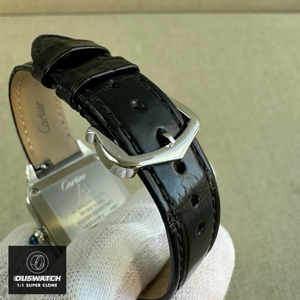 Super Clone Cartier Santos Dumont Large W2SA0011 Watch Black Strap and Stainless Steel Buckle Display