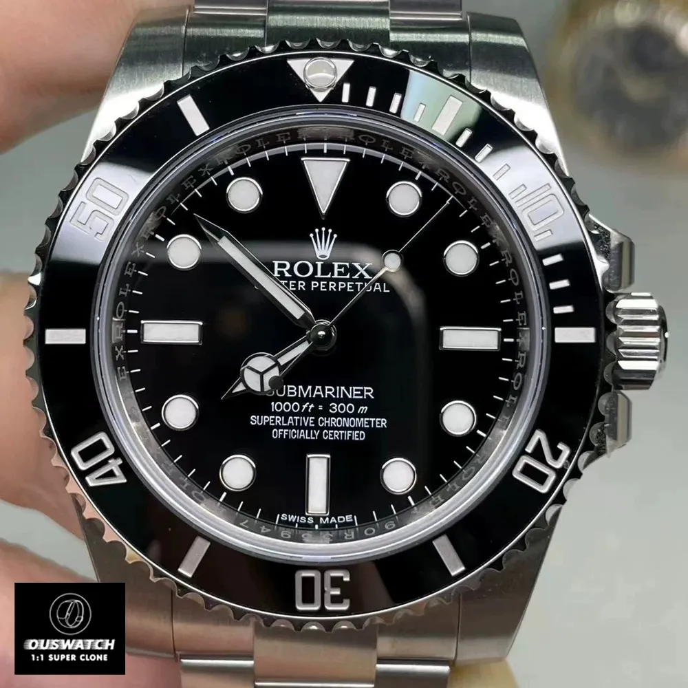 Detailed view of the black dial and bezel of the Super Clone Rolex Submariner No Date 114060 watch.