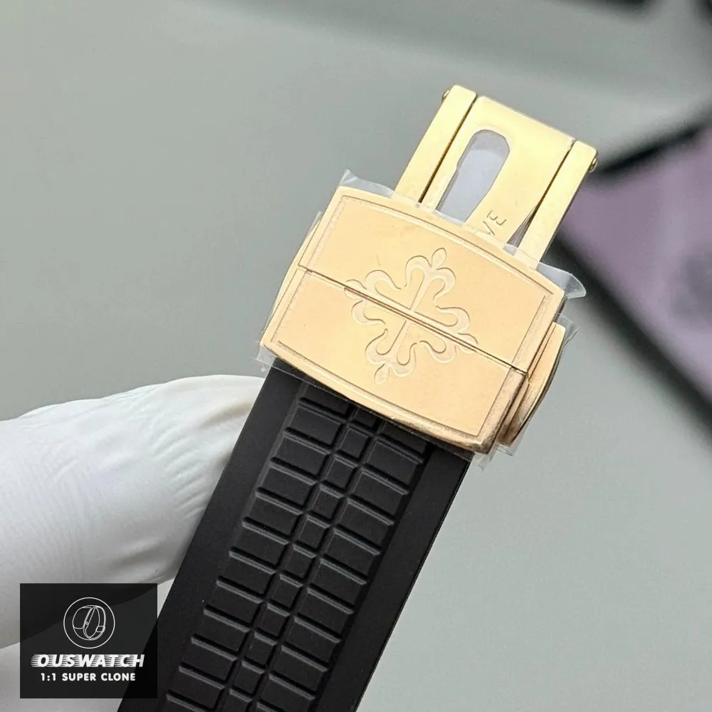 Close-up of the clasp on the Super Clone Patek 5167R Aquanaut Rose Gold watch