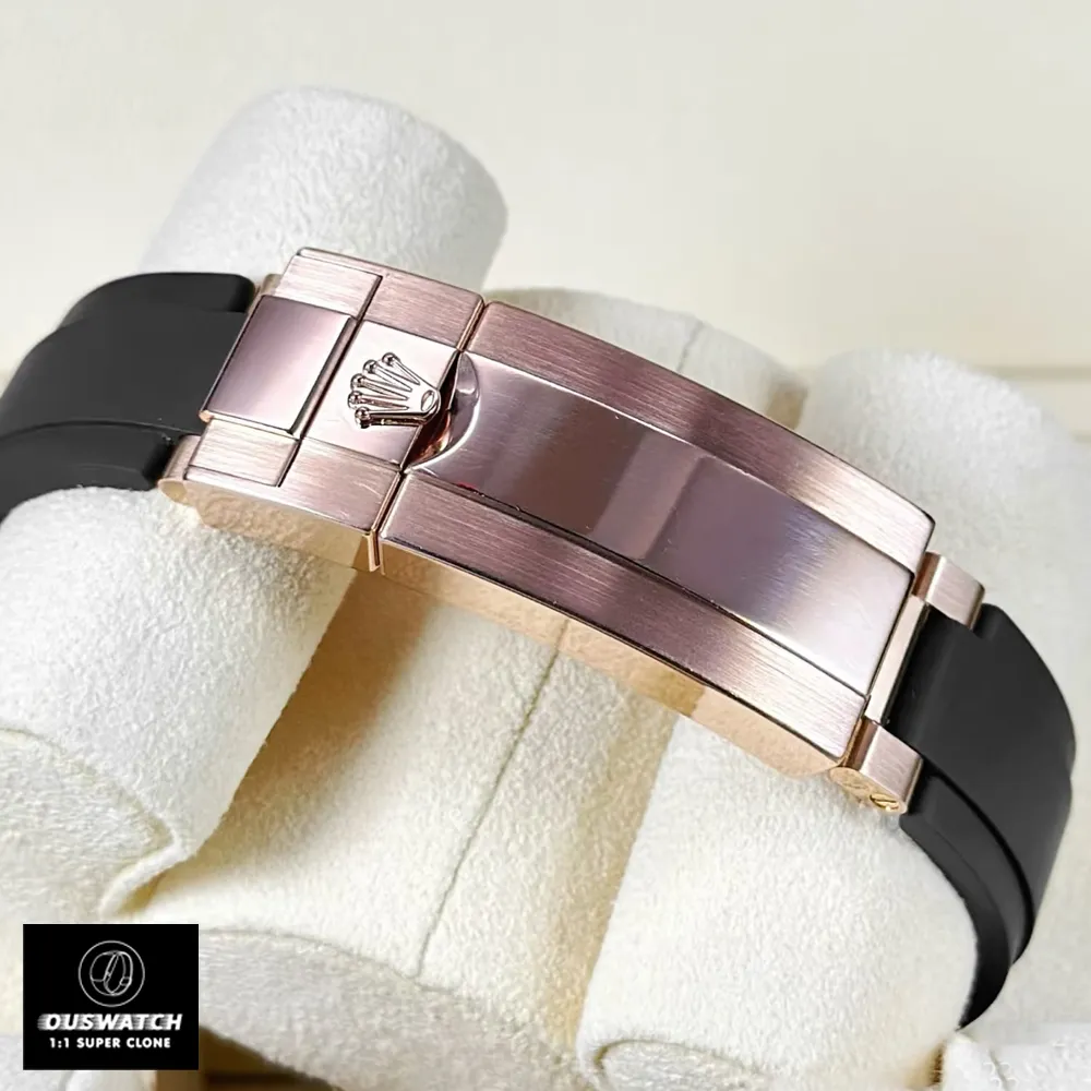 Close-up of the clasp on the Super Clone Rolex Yacht-Master Rose Gold watch