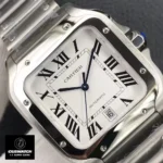 Close-up of the Super Clone Men's Cartier Santos Large WSSA0018 Watch showcasing its stainless steel case and white dial.