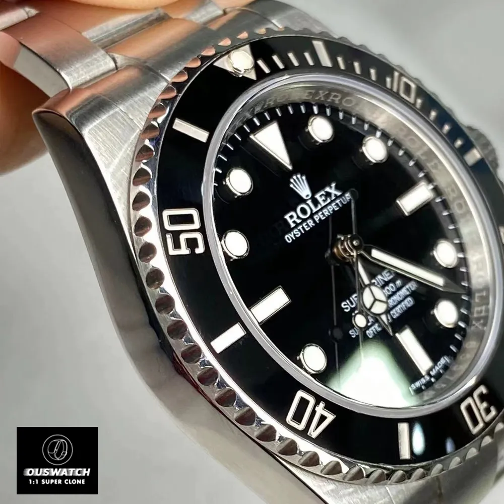 Close-up details of the black bezel on the Super Clone Rolex Submariner No Date 114060 watch.