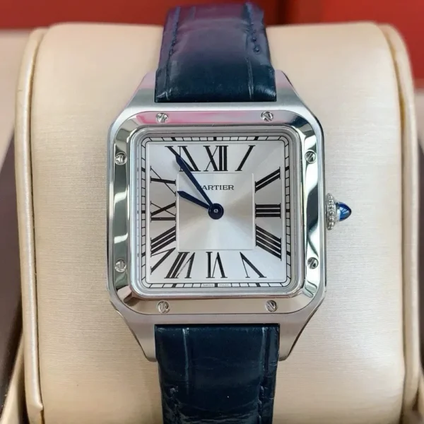 Front view of Super Clone Cartier Santos Dumont Extra Large WSSA0032 Watch, displaying the dial, case, and strap