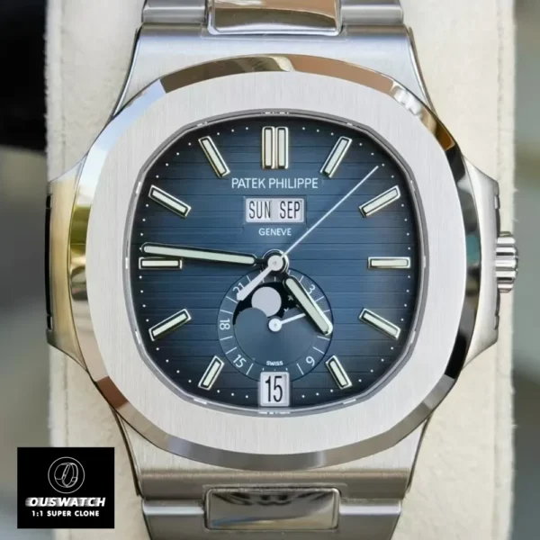 Front view of the Super clone Patek Philippe 5726 watch, with a stainless steel case and blue dial.