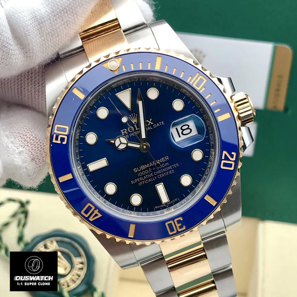 Front view of the Super Clone Rolex Submariner Blue watch being held