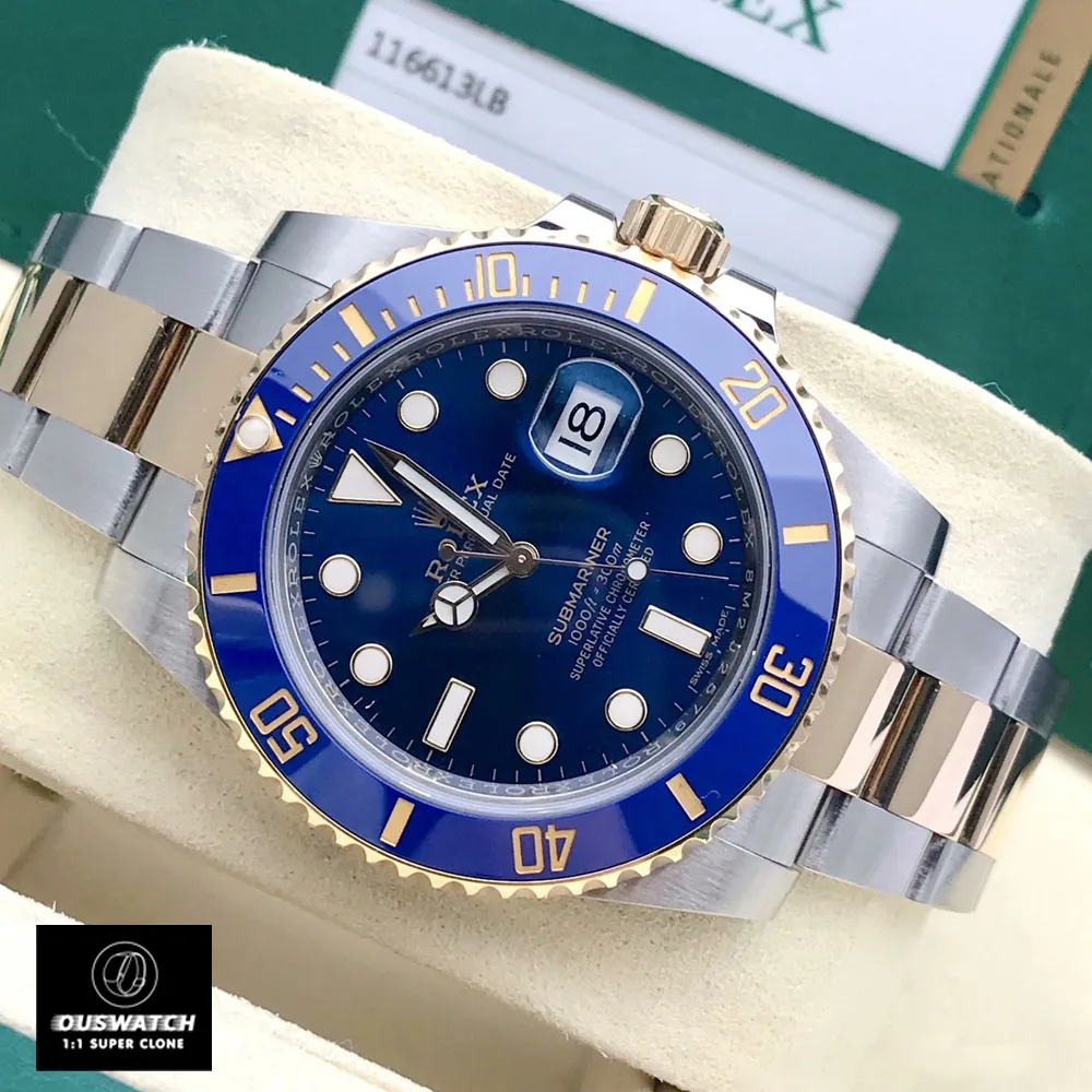 Side view of the Super Clone Rolex Submariner Blue watch showcasing the dial, bezel, and bracelet.