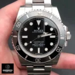 Front view of the Super Clone Rolex Submariner No Date 114060 watch with a stainless steel case, black dial, and black bezel.