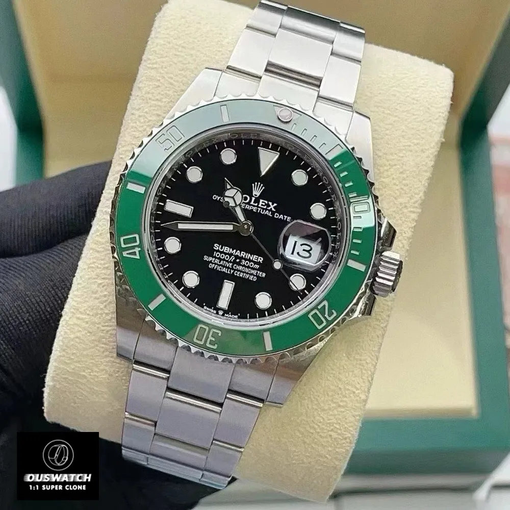 Front view of the Super Clone Rolex Kermit 126610LV watch at a 60-degree angle