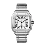 Men's Cartier Santos Large WSSA0018 Top Replica Watch with a stainless steel case and bracelet, featuring a white dial.