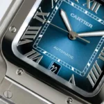 Close-up of Super Clone Cartier Santos Blue Dial WSSA0071 Watch Stainless Steel Case and Blue Dial Details