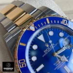 Close-up detailed view of the Super Clone Rolex Submariner Blue watch, focusing on the bezel, dial, and bracelet.
