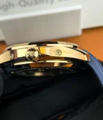 Close-up of the crown on Patek Philippe Aquanaut Luce 5261R — detailing of the crown design and case threading.