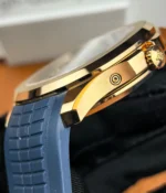 Detailed shot of the lugs on the Patek Philippe Aquanaut Luce 5261R — showing lug finish and connection to the strap.