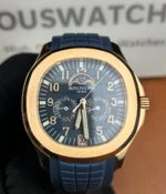 Front-facing shot of the Patek Philippe Aquanaut Luce 5261R — clear view of the hands, markers and overall styling.