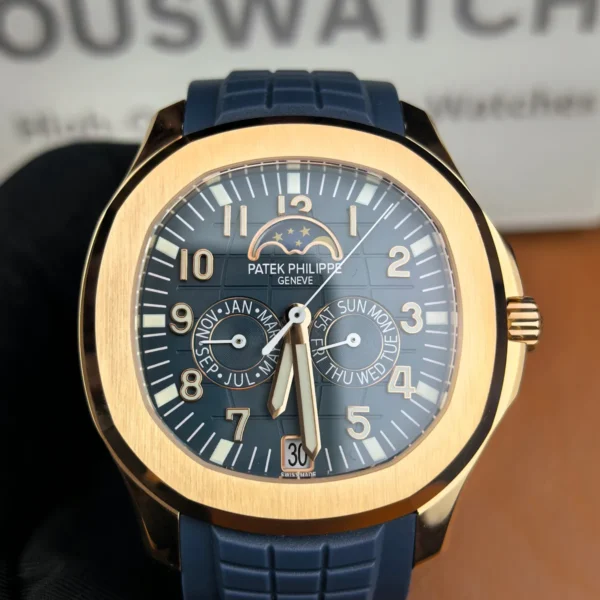 Front-facing shot of the Patek Philippe Aquanaut Luce 5261R — clear view of the hands, markers and overall styling.