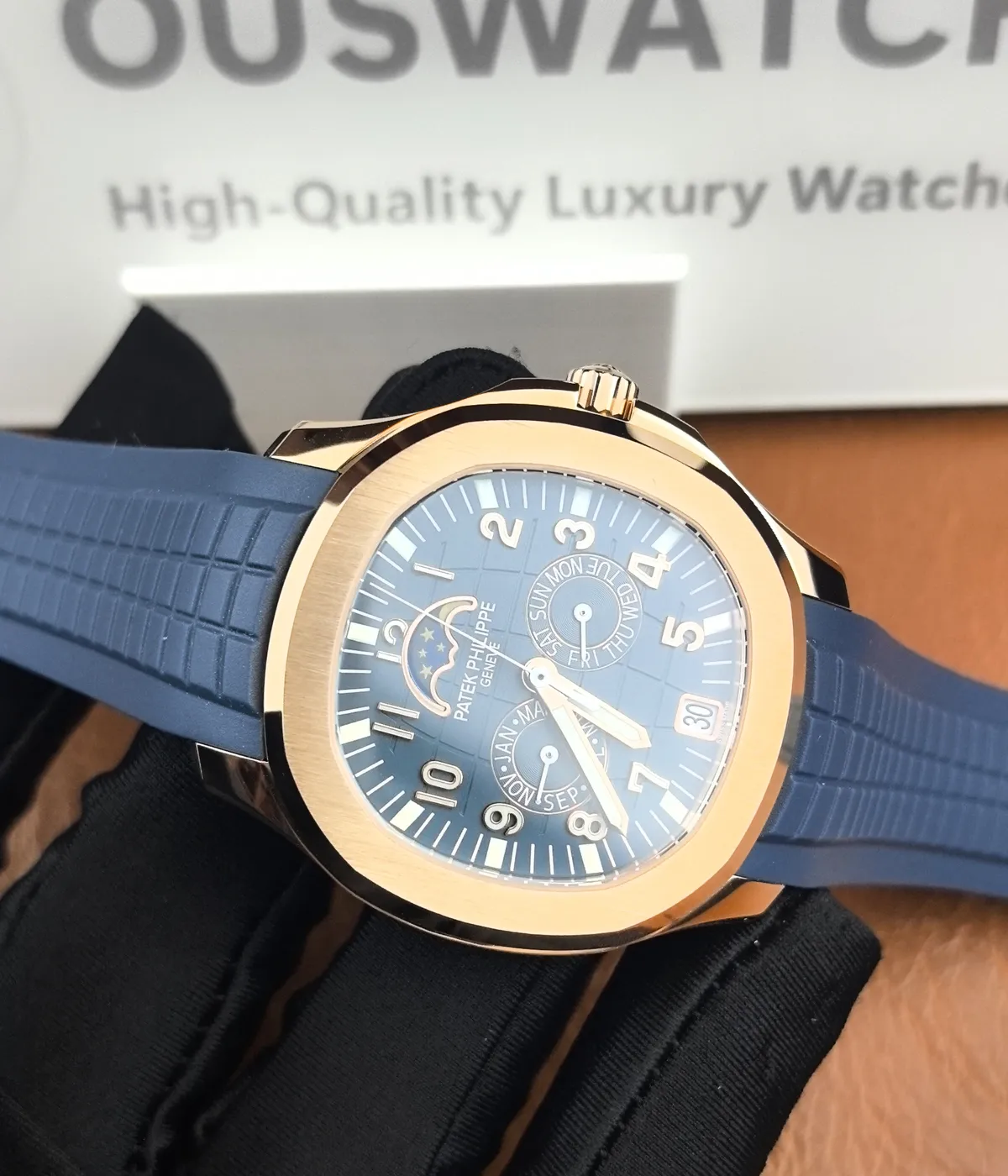 Full overview of the Patek Philippe Aquanaut Luce 5261R in rose gold — front view showing the blue dial and integrated strap.