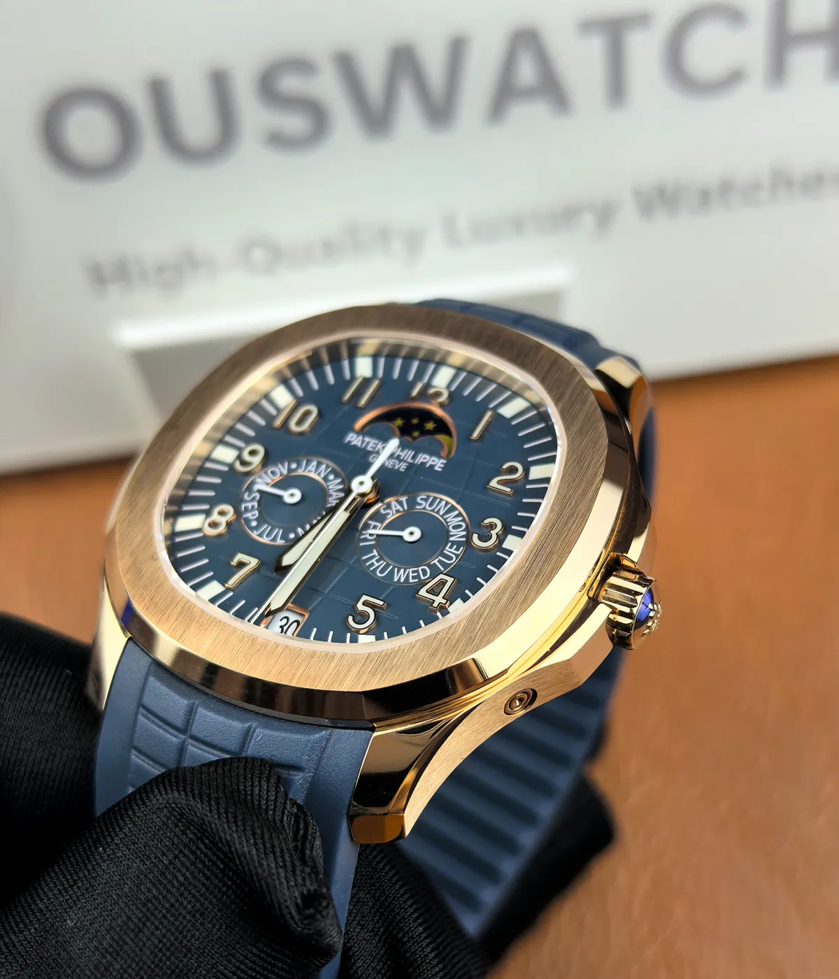 Top-down view of the Patek Philippe Aquanaut Luce 5261R — centered on the blue dial layout and strap alignment.