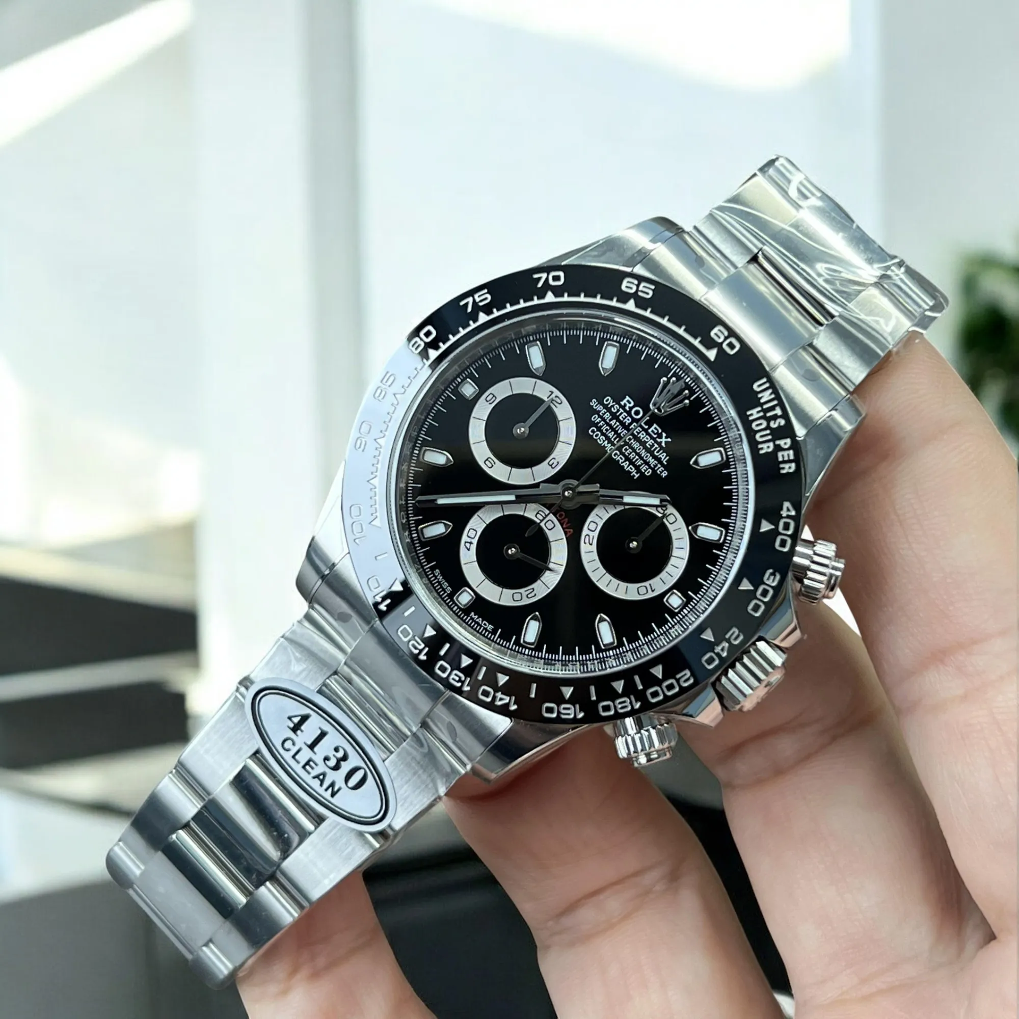 Rolex Daytona Black 116500LN Back Super Clone Watch Featuring 904L Stainless Steel Case and Bracelet, Black Ceramic Bezel, and Detailed Black Dial Display
