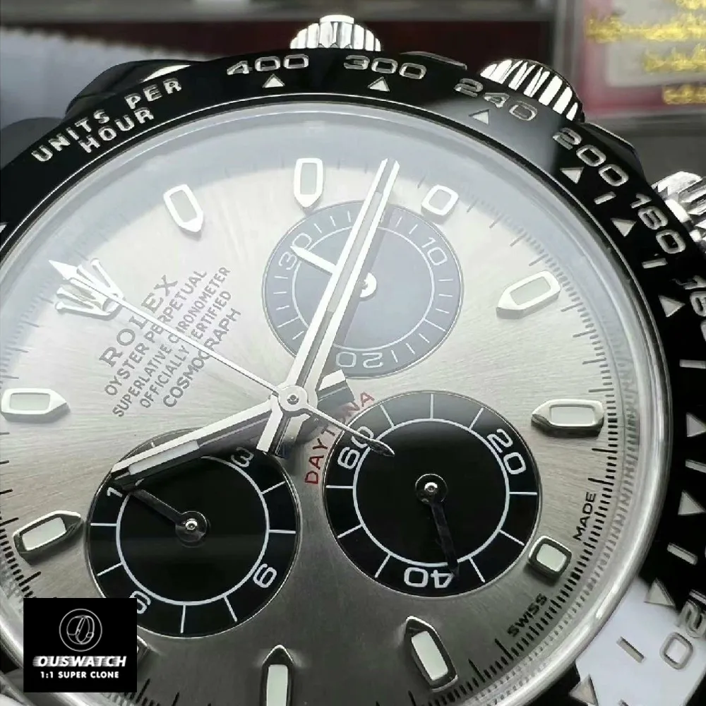 Rolex Daytona Ghost Super Clone Watch Grey Dial and Ceramic Bezel Detail Close-Up