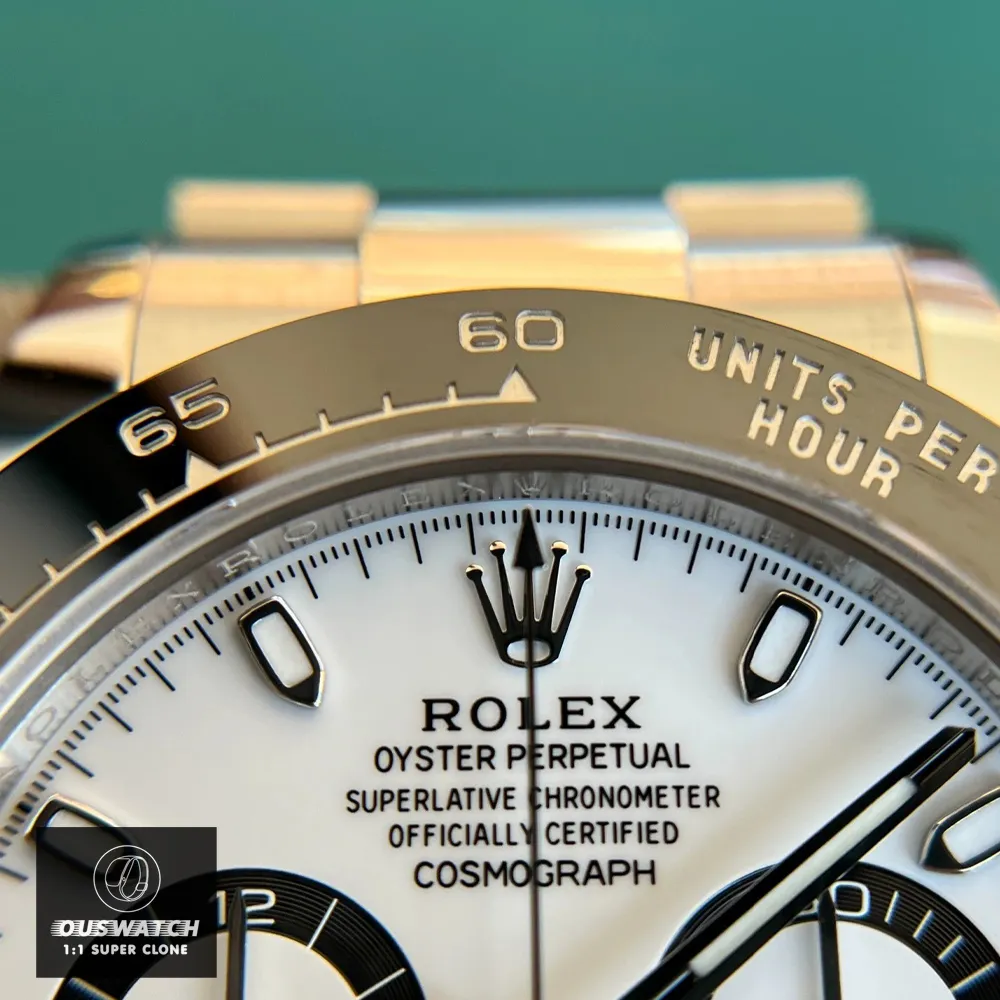 Rolex Daytona White Dial 116500LN Watch Close-Up of the Upper Dial Featuring Logo, Hour Markers, and Bezel Details