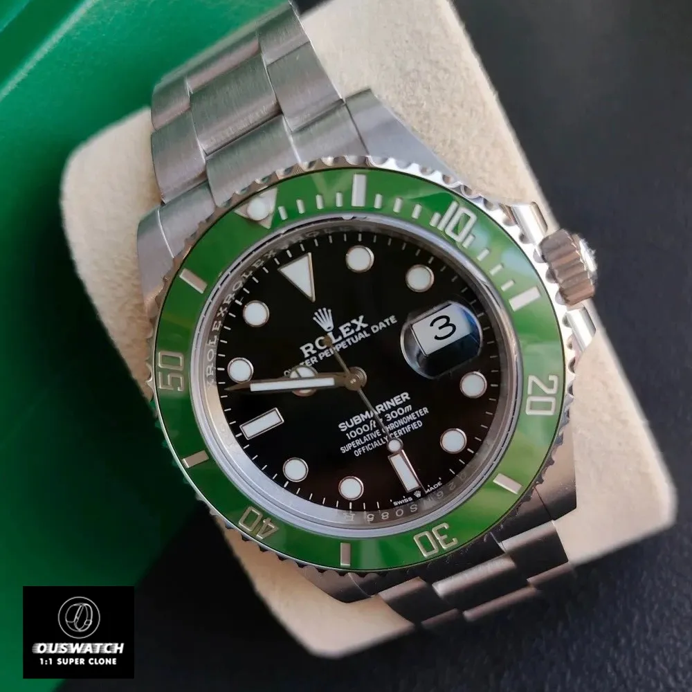 Super Clone Rolex Submariner Date Kermit 126610LV watch with green bezel and black dial displayed in the watch box