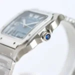 Side View Close-up of Super Clone Cartier Santos Blue Dial WSSA0071 Watch Stainless Steel and Blue Gem-Set Crown