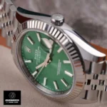 Super Clone Rolex Datejust Green watch displayed upright, showcasing the stainless steel crown