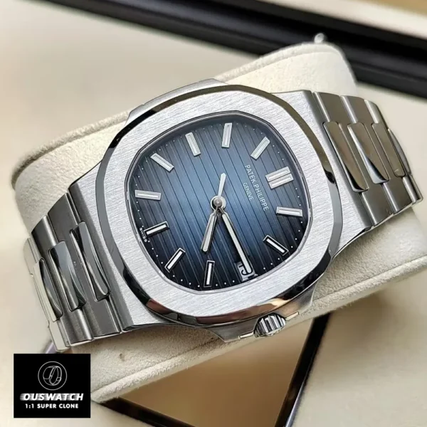 Super Clone 5711 Patek Philippe Blue Dial watch displayed inside the packaging box