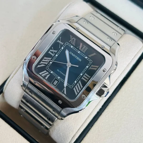 45-Degree Front View of Super Clone Cartier Santos Blue Dial WSSA0071 Watch with Stainless Steel Case and Blue Dial