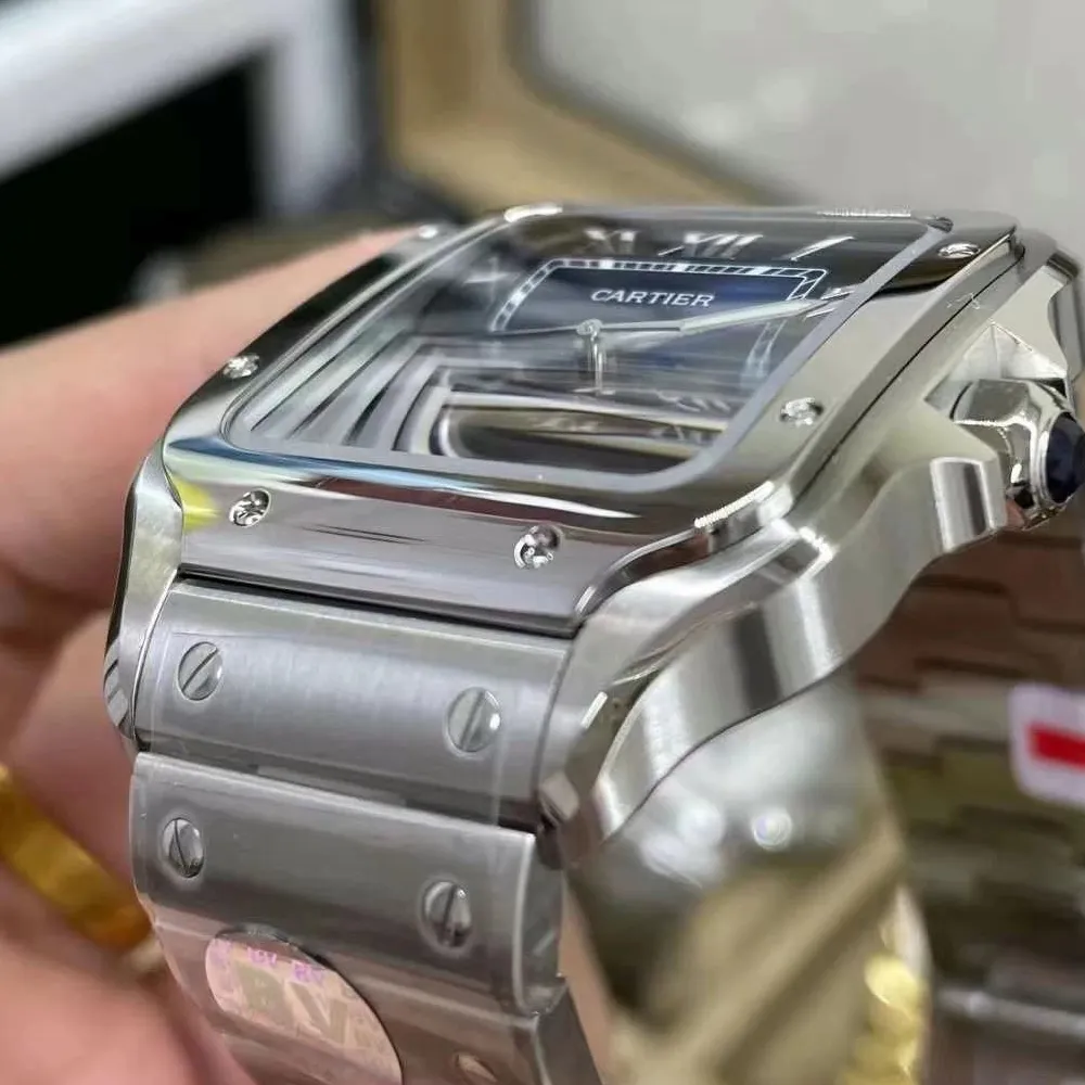 Close-up of Super Clone Cartier Santos Blue Dial WSSA0071 Watch Stainless Steel Case and Bracelet Details