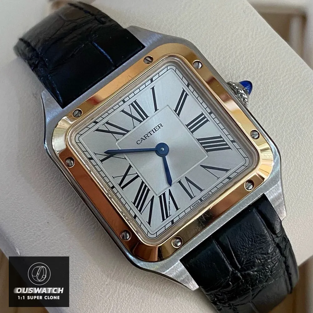 120-Degree Angle Display of Super Clone Cartier Santos Dumont Large W2SA0011 Watch, Featuring a Black Strap, a Case Made of Steel and Gold, a Silver Dial, and Blue Hands on the Dial