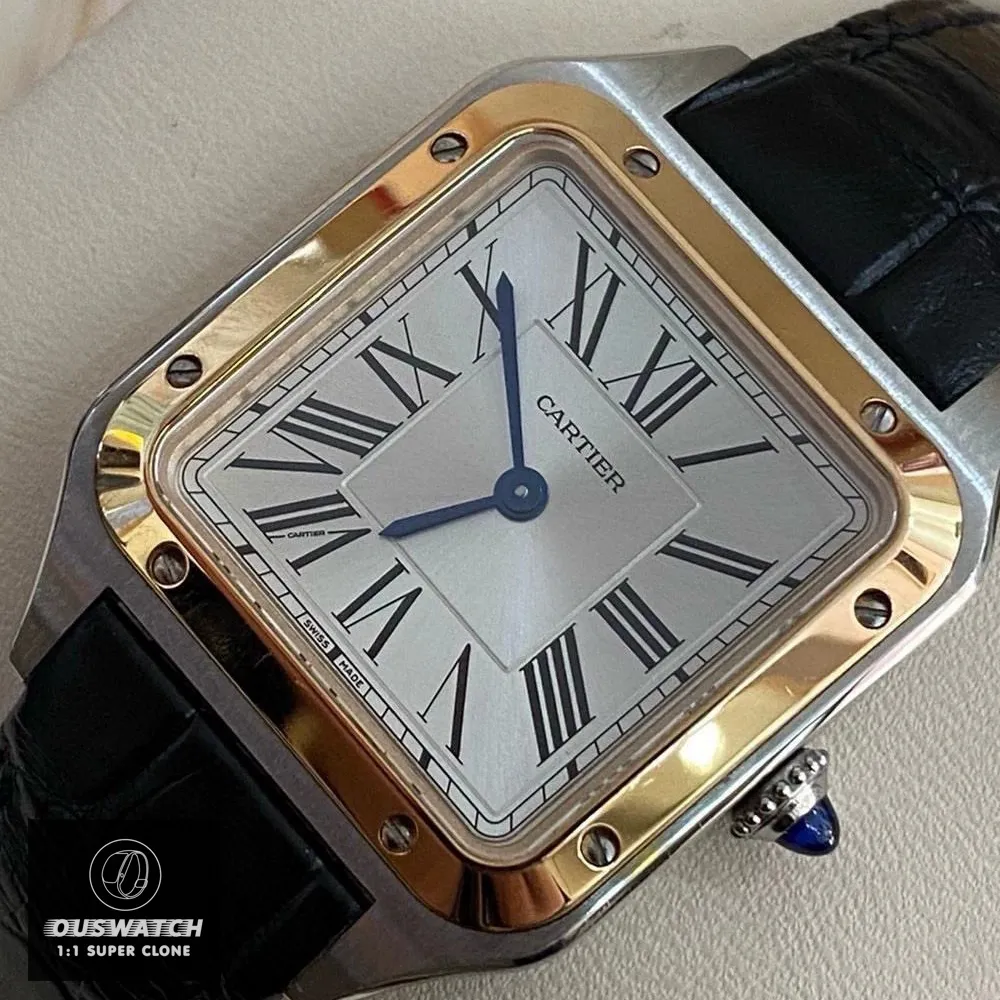 Close-Up of Super Clone Cartier Santos Dumont Large W2SA0011 Watch on a Pillow, Featuring a Silver Dial and a Case Made of Stainless Steel and Rose Gold