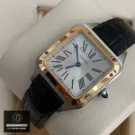 Super Clone Cartier Santos Dumont Large W2SA0011 Watch Leather Strap Close-Up with Cartier Logo Engraving