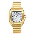 Super Clone Cartier Santos Watch front view with Yellow Gold case, bracelet, and white dial