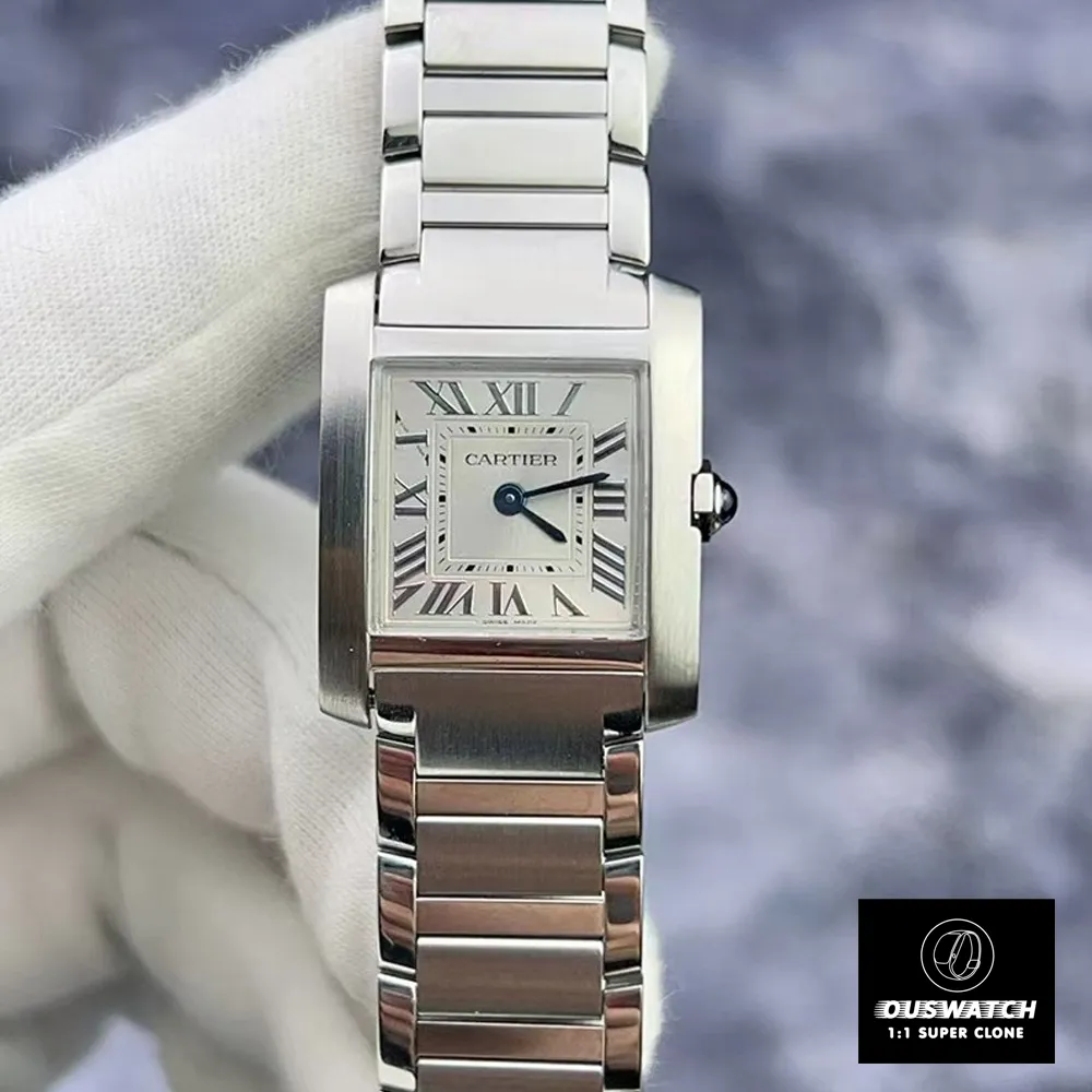 Front view of the Super Clone Cartier Tank Francaise Watch, featuring the stainless steel case, bracelet, silver dial, and sapphire crystal-set bracelet