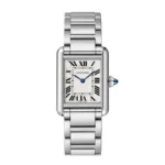 Super Clone Cartier Tank Must WSTA0051 Watch Dupe Front View, Stainless Steel Case, Bracelet, and White Dial.