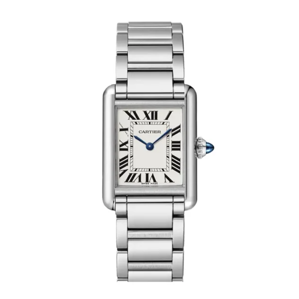 Super Clone Cartier Tank Must WSTA0051 Watch Dupe Front View, Stainless Steel Case, Bracelet, and White Dial.