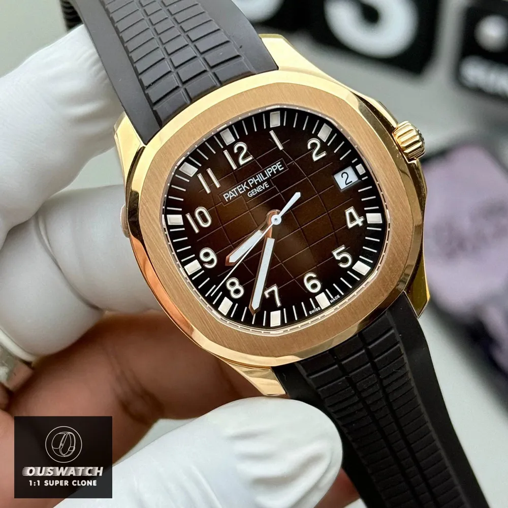 Detailed view of the brown dial of the Super Clone Patek 5167R Aquanaut Rose Gold watch
