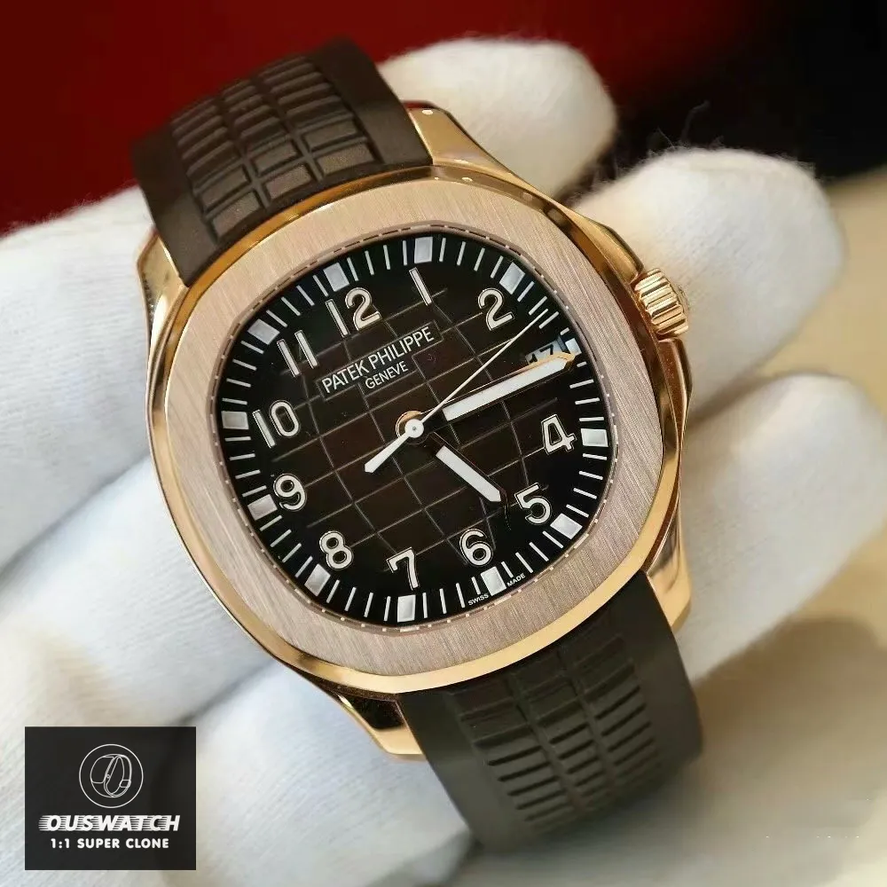 Handheld display of the Super Clone Patek 5167R watch, showcasing the rose gold case, brown dial, and strap